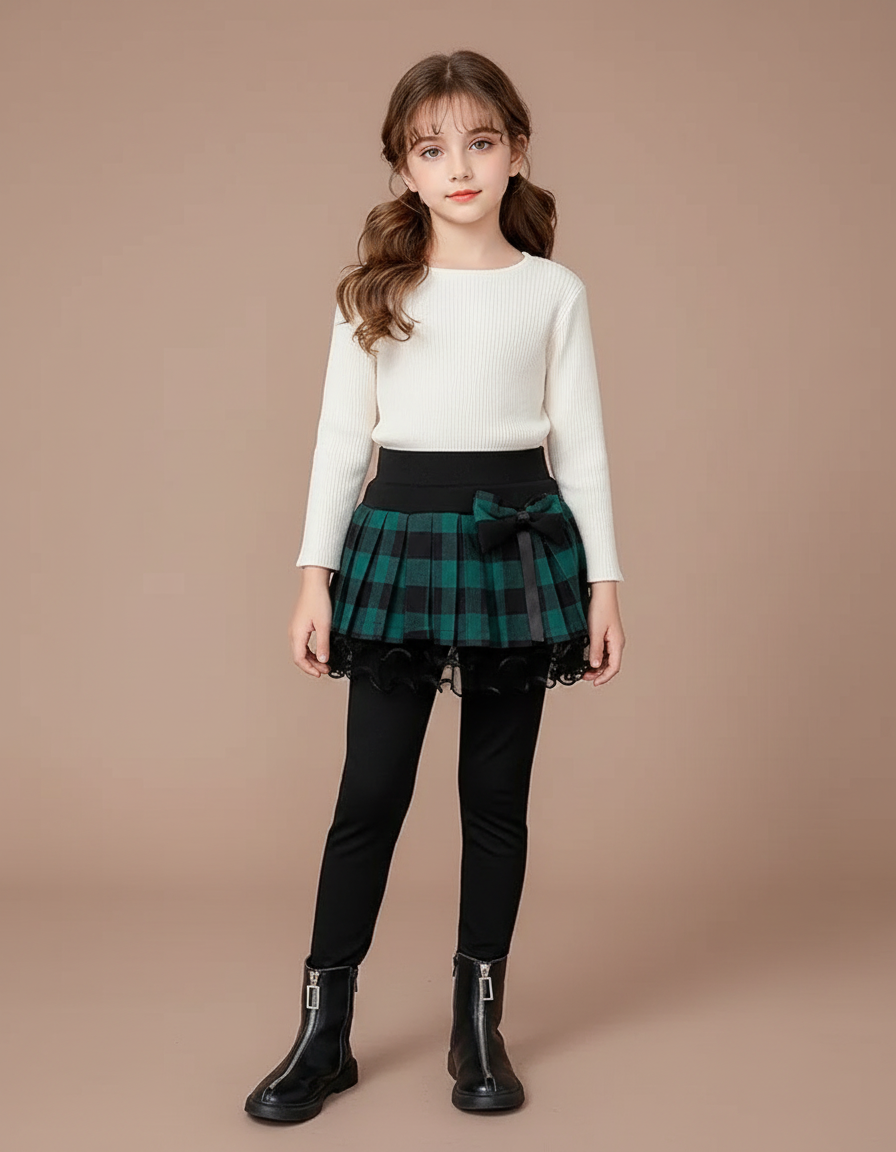 Pantalon Jupe Carreaux Vert Plissé Chaud Fille - Noir Maille