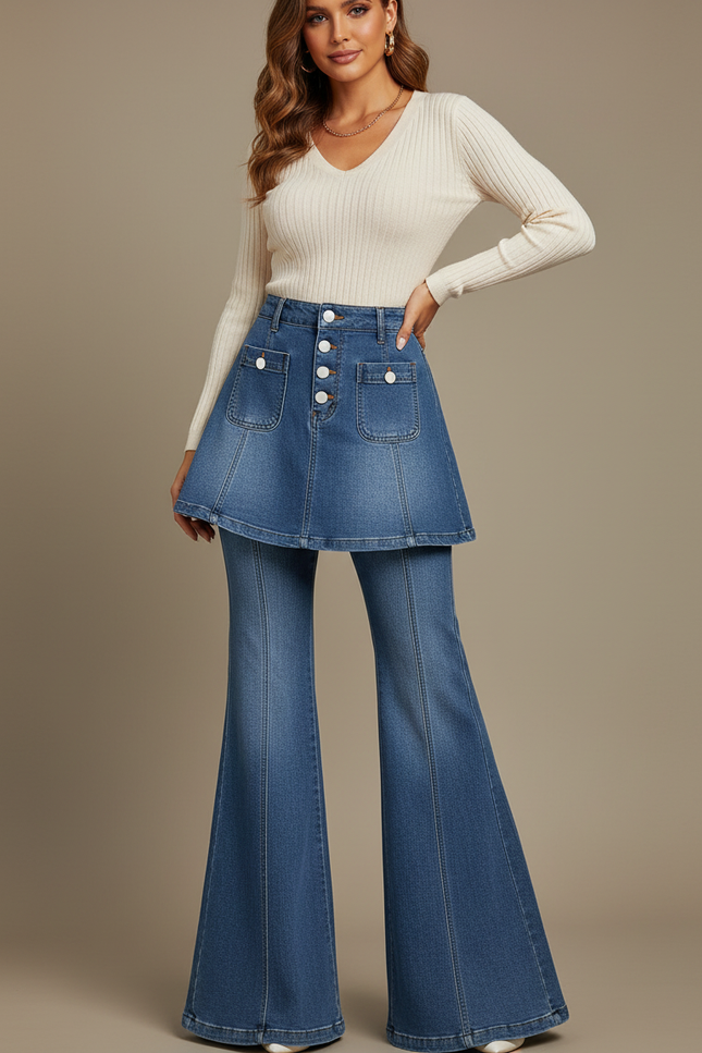 Pantalon Jupe Denim Bleu Évasé Boutonné Chic - Jean
