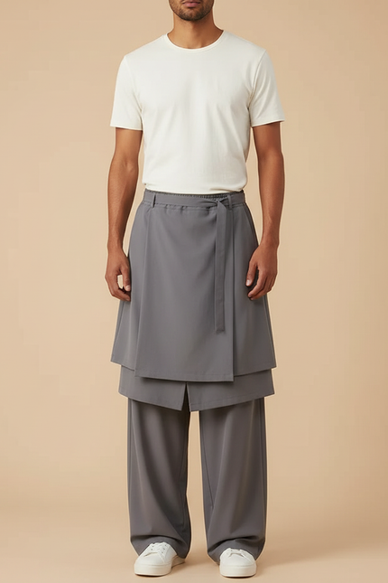 Pantalon Jupe Gris Ample Asymétrique Fluide Décontracté - Polyester
