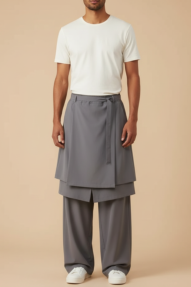 Pantalon Jupe Gris Ample Asymétrique Fluide Décontracté - Polyester