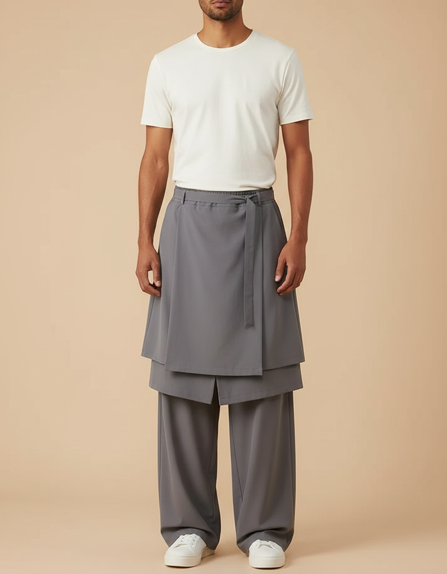 Pantalon Jupe Gris Ample Asymétrique Fluide Décontracté - Polyester