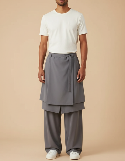 Pantalon Jupe Gris Ample Asymétrique Fluide Décontracté - Polyester