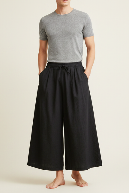 Pantalon Jupe Noir Ample Lin Décontracté Fluide