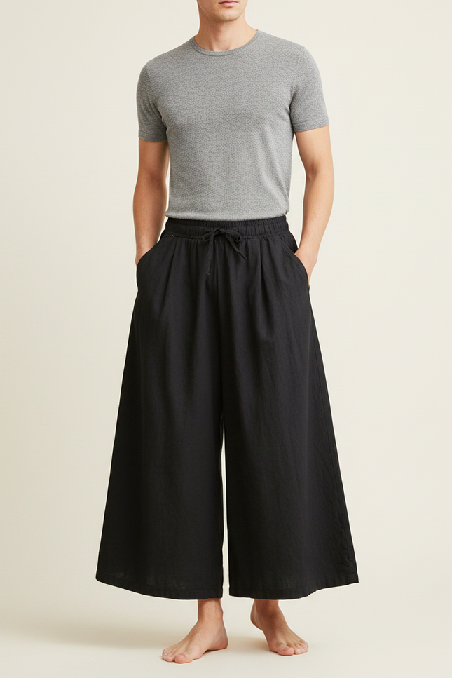 Pantalon Jupe Noir Ample Lin Décontracté Fluide