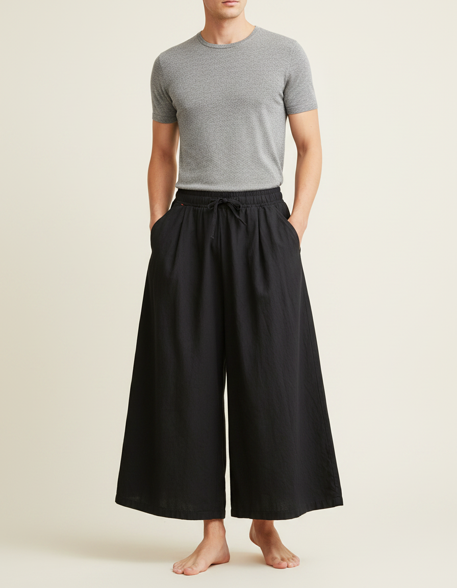 Pantalon Jupe Noir Ample Lin Décontracté Fluide