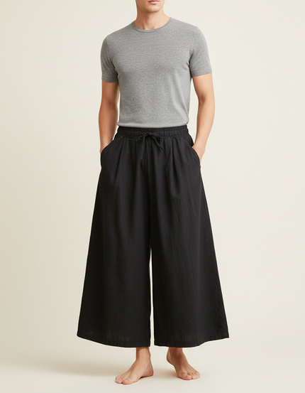 Pantalon Jupe Noir Ample Lin Décontracté Fluide