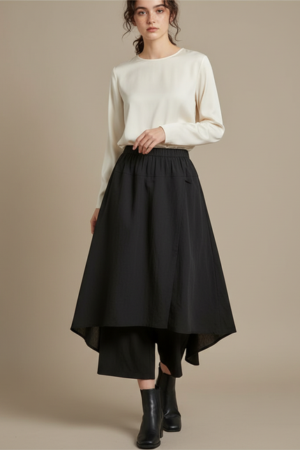 Pantalon Jupe Noir Asymétrique Fluide Superposé Élégant - Viscose