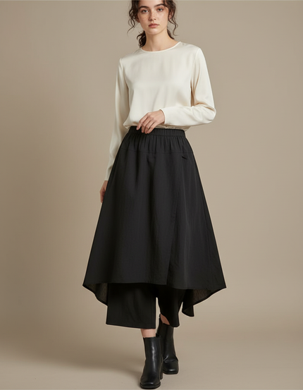 Pantalon Jupe Noir Asymétrique Fluide Superposé Élégant - Viscose