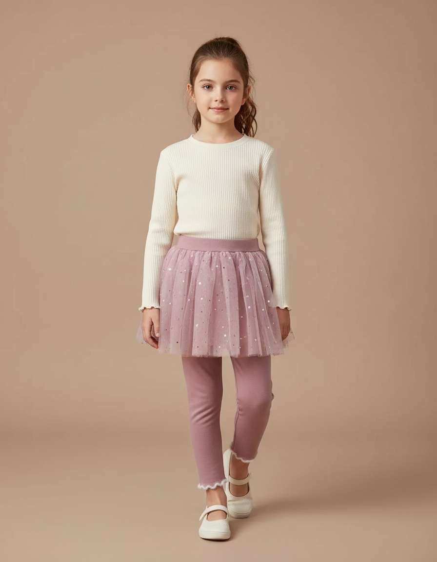 Pantalon Jupe Rose Tulle Paillettes Intégré Fille - Molleton
