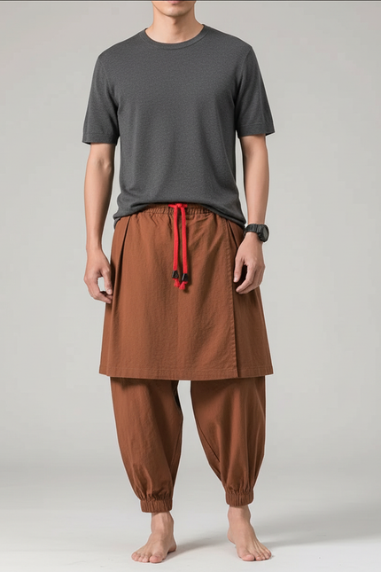 Pantalon Jupe Marron Lin Ample Décontracté Homme
