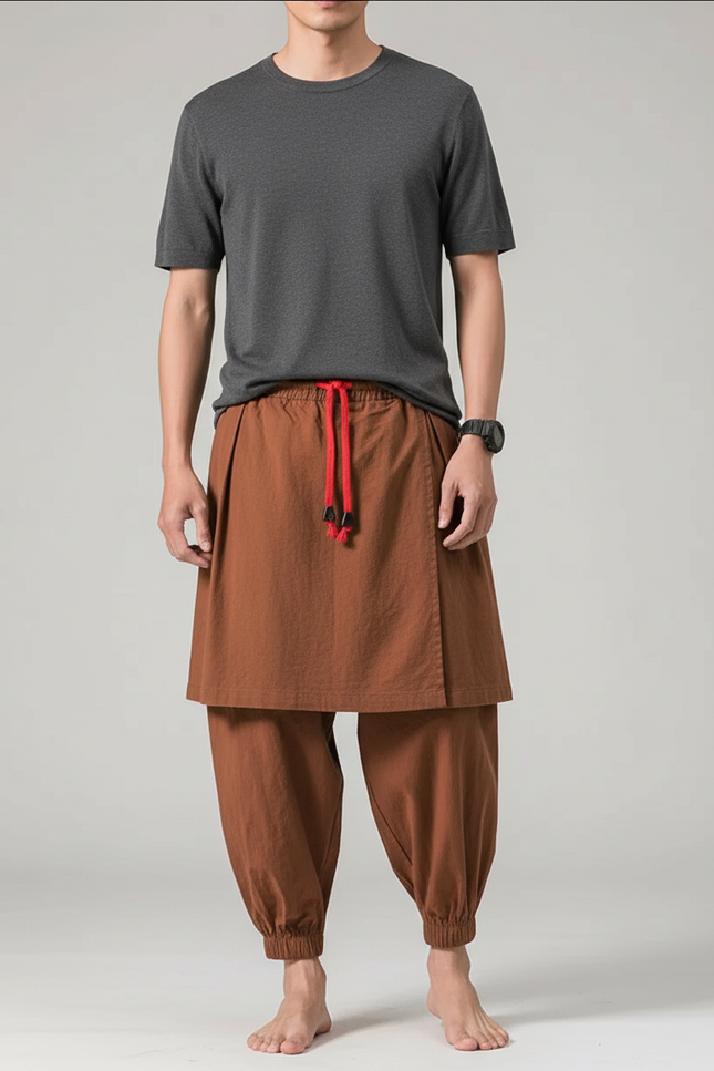 Pantalon Jupe Marron Lin Ample Décontracté Homme