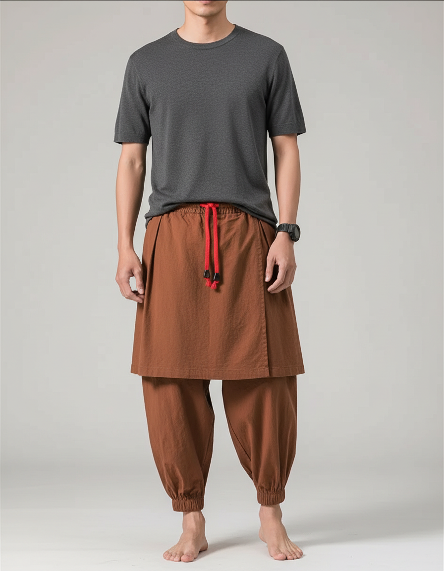Pantalon Jupe Marron Lin Ample Décontracté Homme
