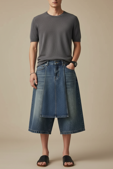 Pantalon Jupe Jean Bleu Ample Superposé Décontracté