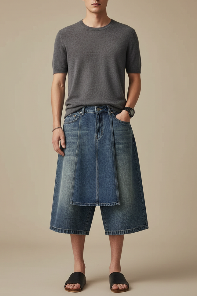 Pantalon Jupe Jean Bleu Ample Superposé Décontracté