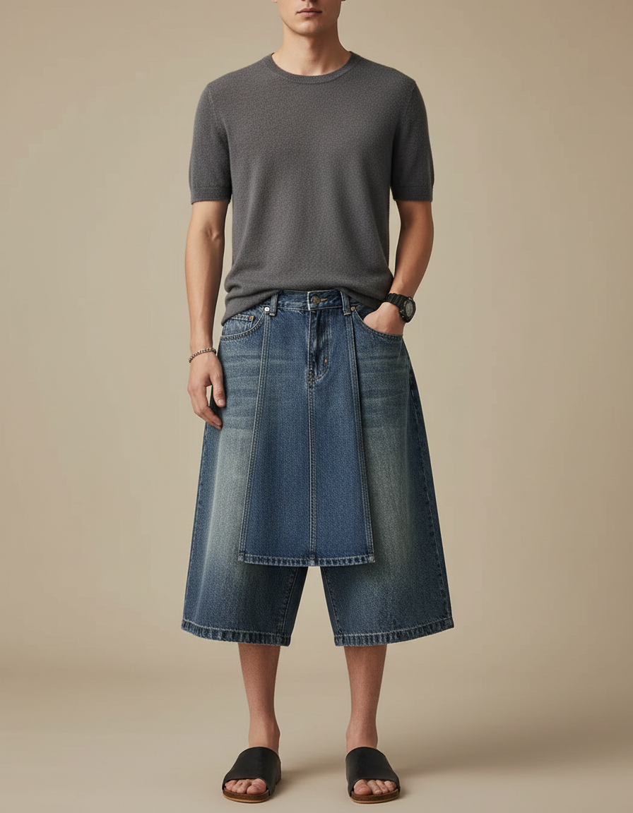 Pantalon Jupe Jean Bleu Ample Superposé Décontracté