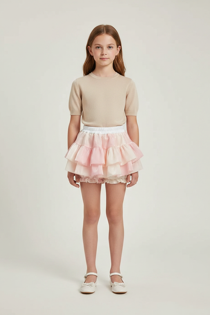 Pantalon Jupe Rose Poudré Volants Tulle Bouffant Court - Polyester