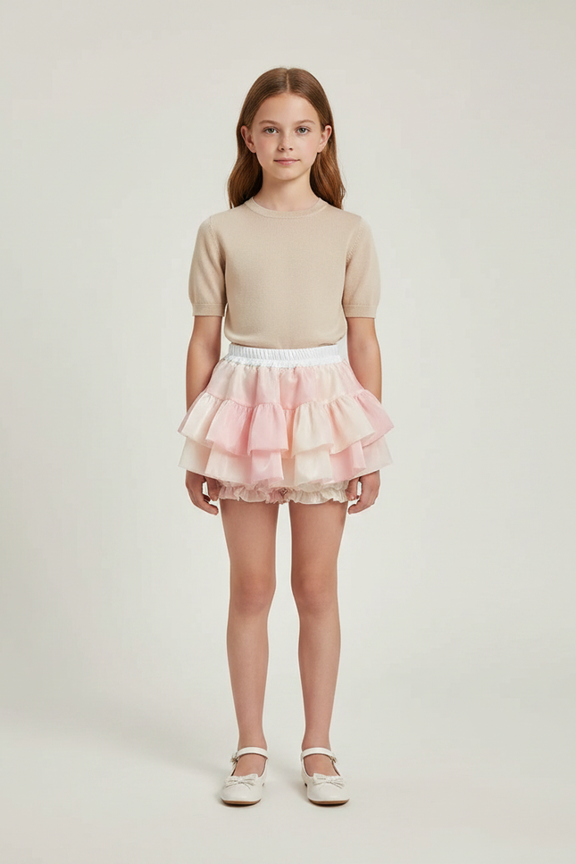 Pantalon Jupe Rose Poudré Volants Tulle Bouffant Court - Polyester