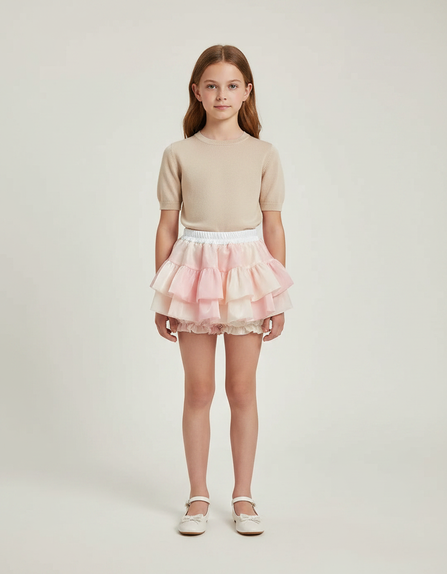 Pantalon Jupe Rose Poudré Volants Tulle Bouffant Court - Polyester