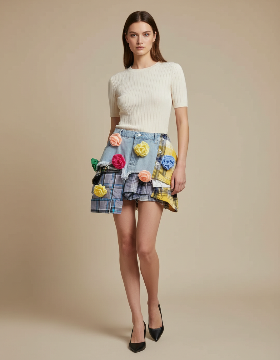 Pantalon Jupe Denim Plaid Déstructuré Mini Fleurs - Multicolore Jean