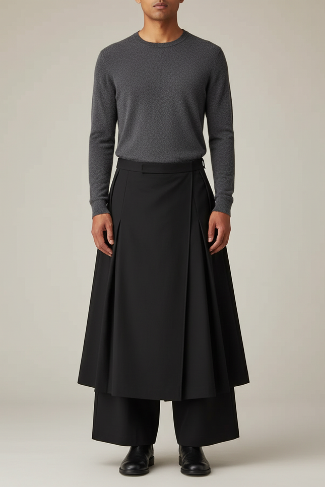 Pantalon Jupe Noir Plissé Ample Moderne Élégant - Polyester