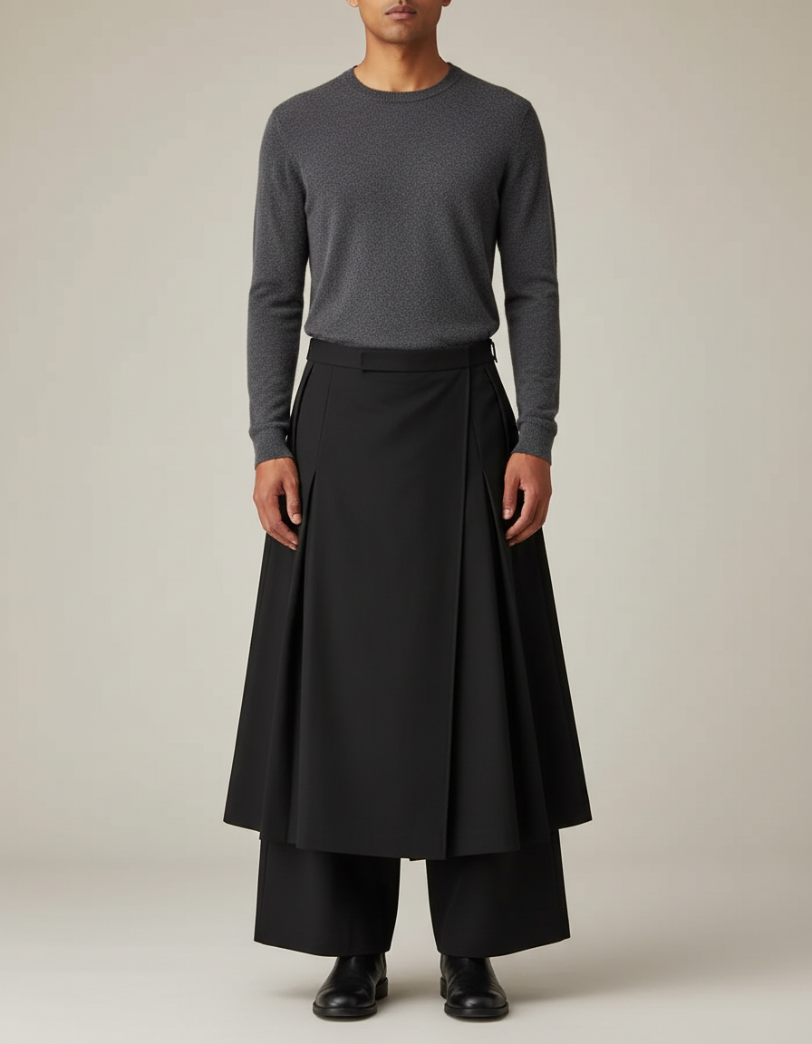 Pantalon Jupe Noir Plissé Ample Moderne Élégant - Polyester