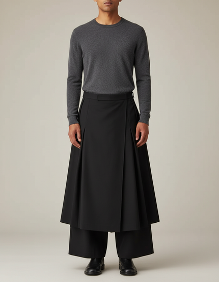 Pantalon Jupe Noir Plissé Ample Moderne Élégant - Polyester