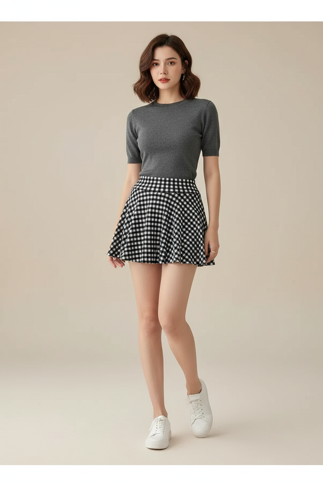 Pantalon Jupe Carreaux Évasée Courte Décontractée Noire - Coton