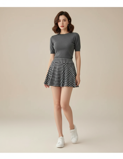 Pantalon Jupe Carreaux Évasée Courte Décontractée Noire - Coton