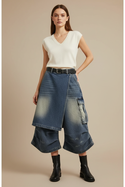 Pantalon Jupe Denim Bleu Dégrippé Ample Cargo - Jean