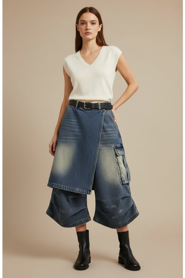 Pantalon Jupe Denim Bleu Dégrippé Ample Cargo - Jean