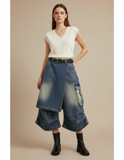 Pantalon Jupe Denim Bleu Dégrippé Ample Cargo - Jean