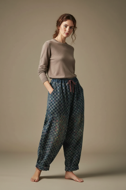 Pantalon Jupe Denim Ample Carreaux Vintage Décontracté - Bleu Jean
