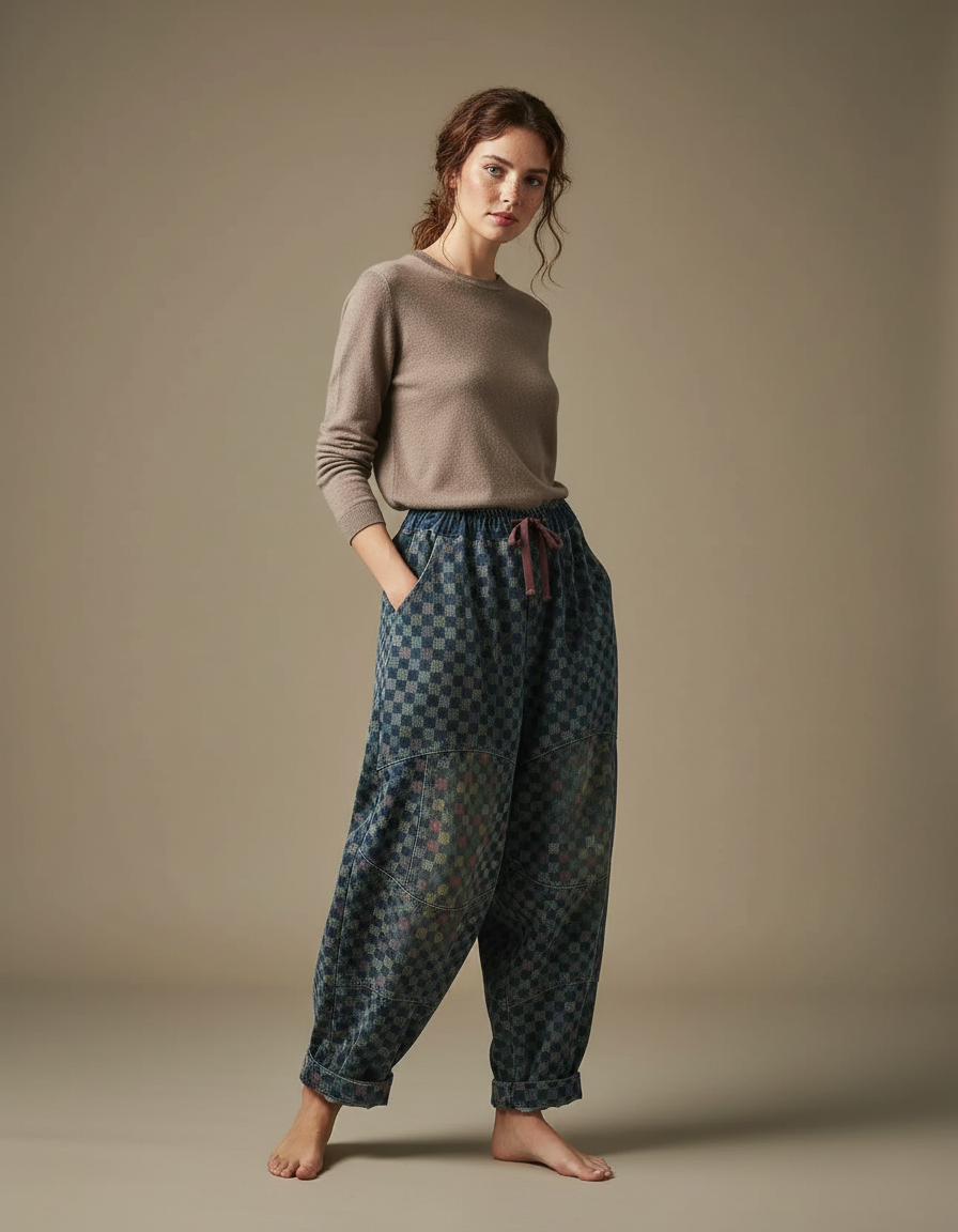 Pantalon Jupe Denim Ample Carreaux Vintage Décontracté - Bleu Jean