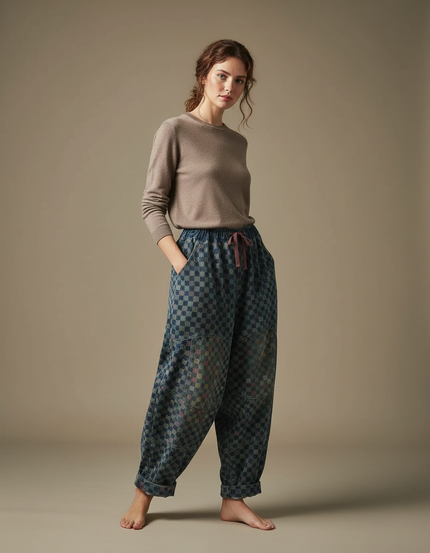 Pantalon Jupe Denim Ample Carreaux Vintage Décontracté - Bleu Jean