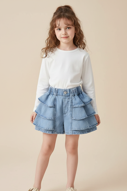 Pantalon Jupe Denim Bleu Superposé Volants Élastique Fille - Jean