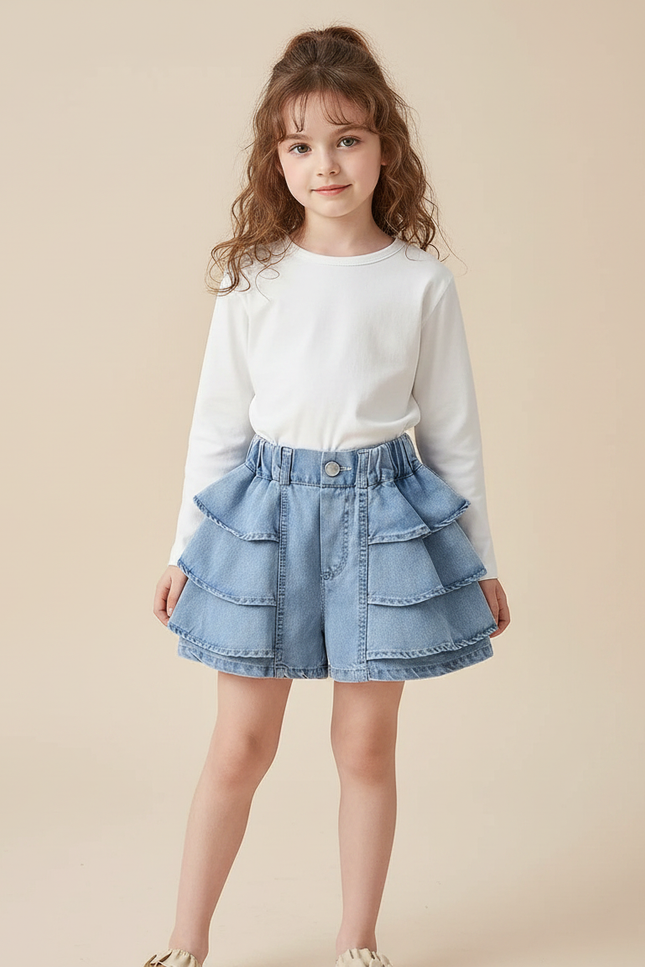 Pantalon Jupe Denim Bleu Superposé Volants Élastique Fille - Jean