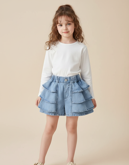 Pantalon Jupe Denim Bleu Superposé Volants Élastique Fille - Jean