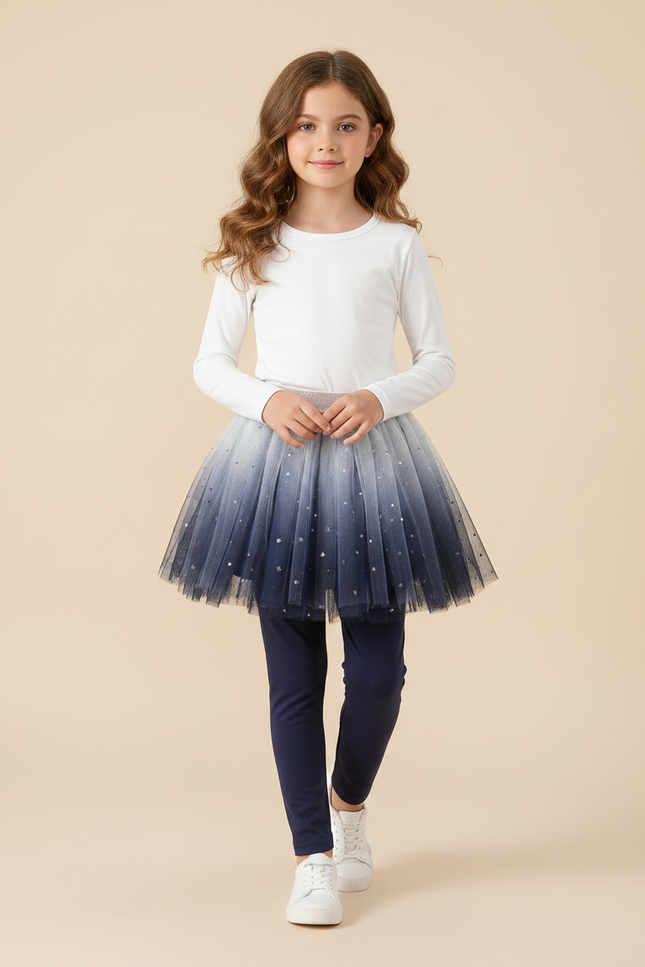 Pantalon Jupe Tulle Dégradé Étoiles Scintillantes Intégré Fille - Marine Coton