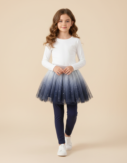 Pantalon Jupe Tulle Dégradé Étoiles Scintillantes Intégré Fille - Marine Coton