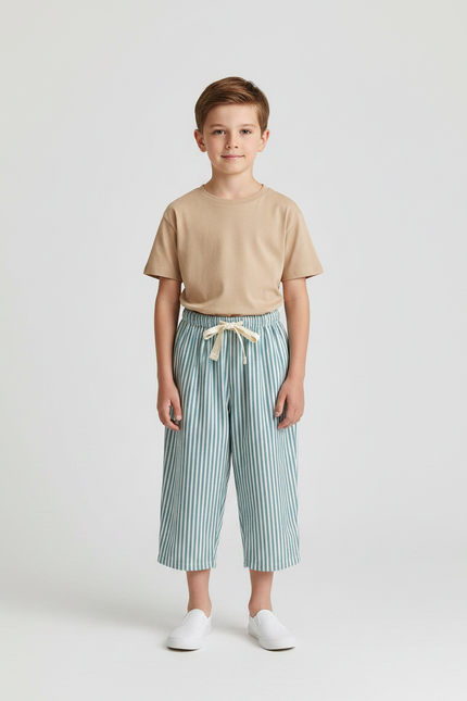 Pantalon Jupe Rayé Vert Ample Coton Enfant Décontracté