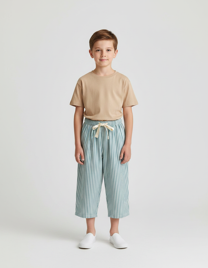 Pantalon Jupe Rayé Vert Ample Coton Enfant Décontracté