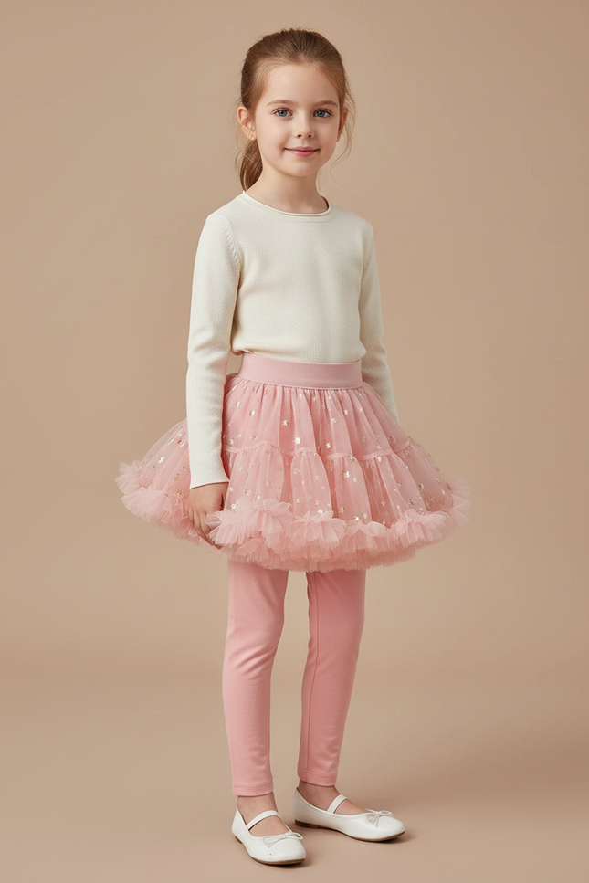 Pantalon Jupe Rose Tulle Pailleté Fille Confortable - Coton