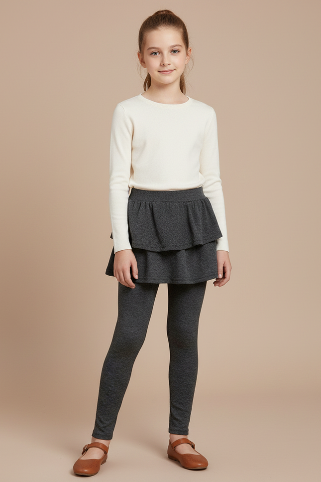 Pantalon Jupe Gris Volants Intégrés Confortable Fille - Maille