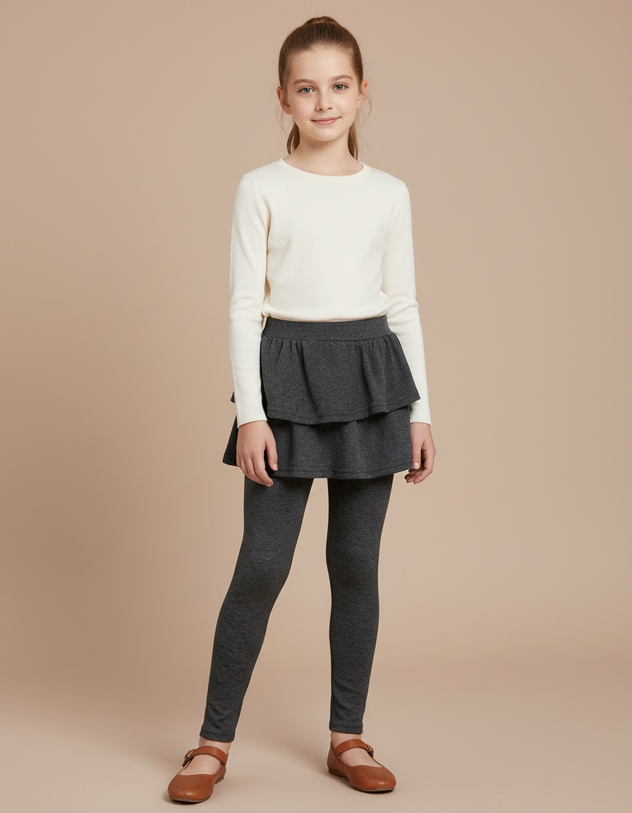 Pantalon Jupe Gris Volants Intégrés Confortable Fille - Maille