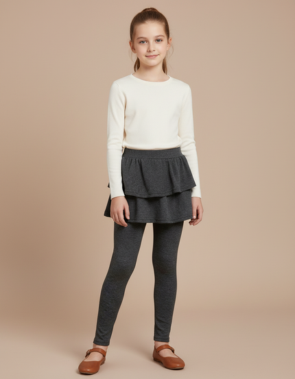 Pantalon Jupe Gris Volants Intégrés Confortable Fille - Maille
