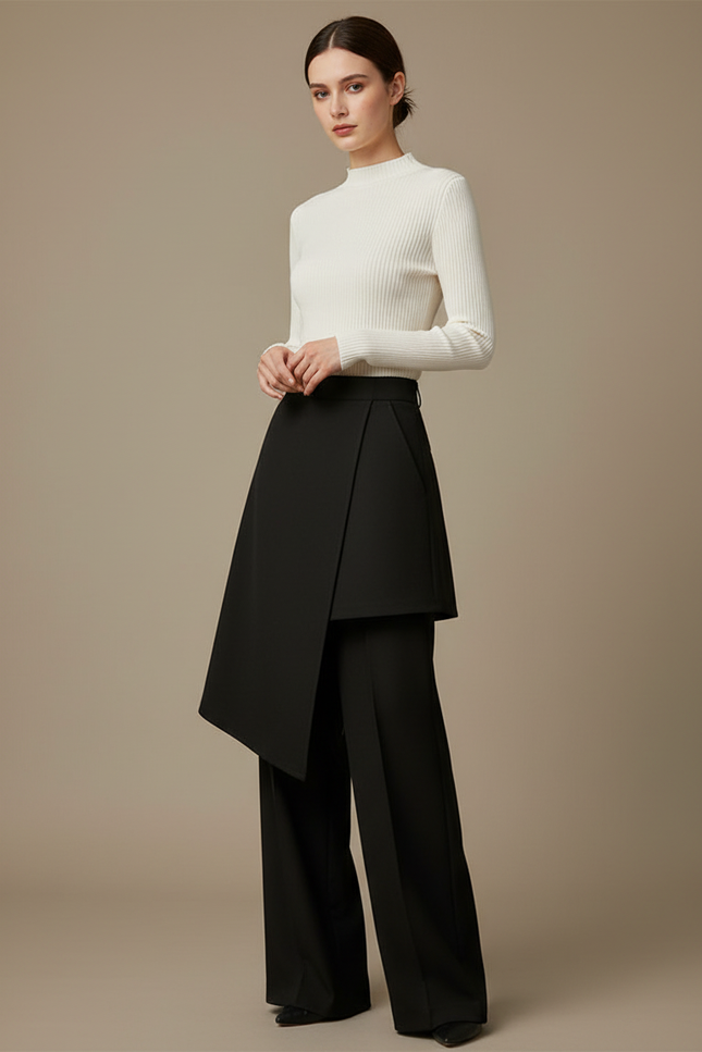 Pantalon Jupe Noir Asymétrique Superposé Élégant Fluide - Gabardine