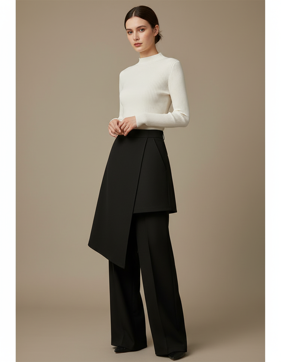 Pantalon Jupe Noir Asymétrique Superposé Élégant Fluide - Gabardine