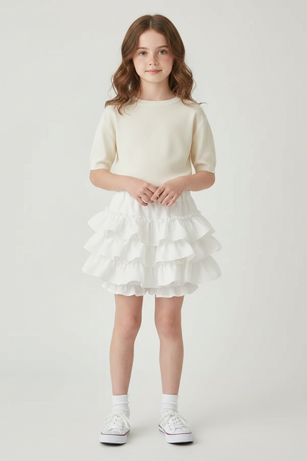 Pantalon Jupe Blanc Volants Superposés Enfant Mignon - Coton