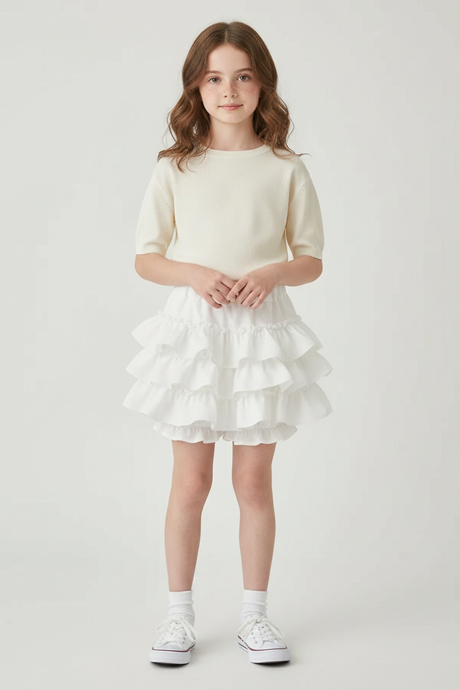 Pantalon Jupe Blanc Volants Superposés Enfant Mignon - Coton