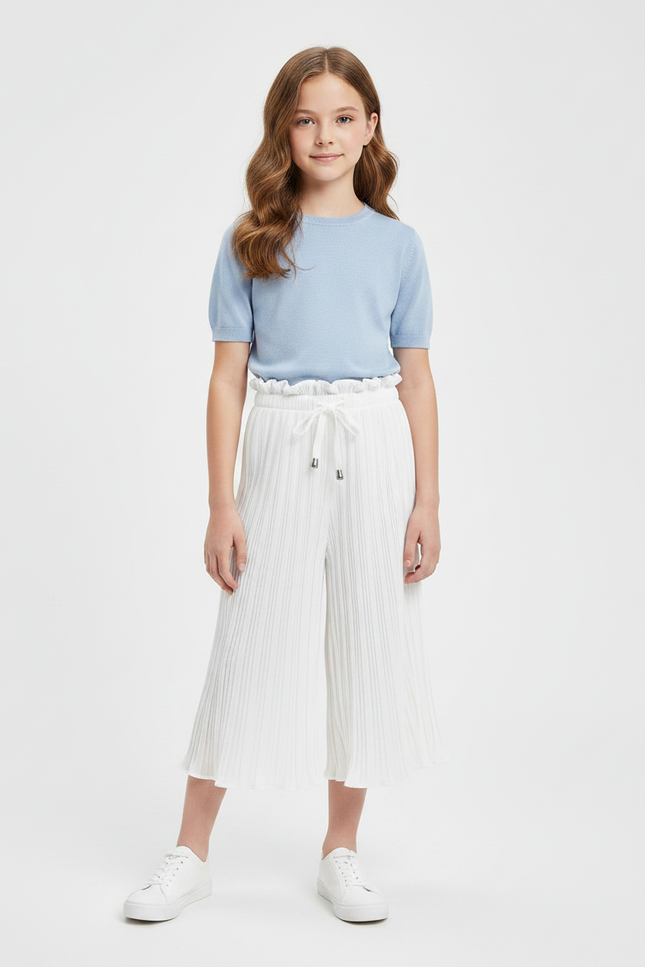 Pantalon Jupe Blanc Plissé Fluide Enfant Décontracté - Polyester